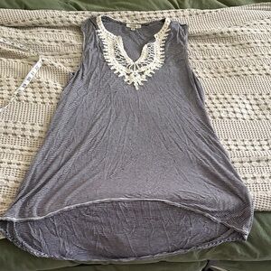 Max Studio Navy and Cream Striped Tunic with Lace Detail